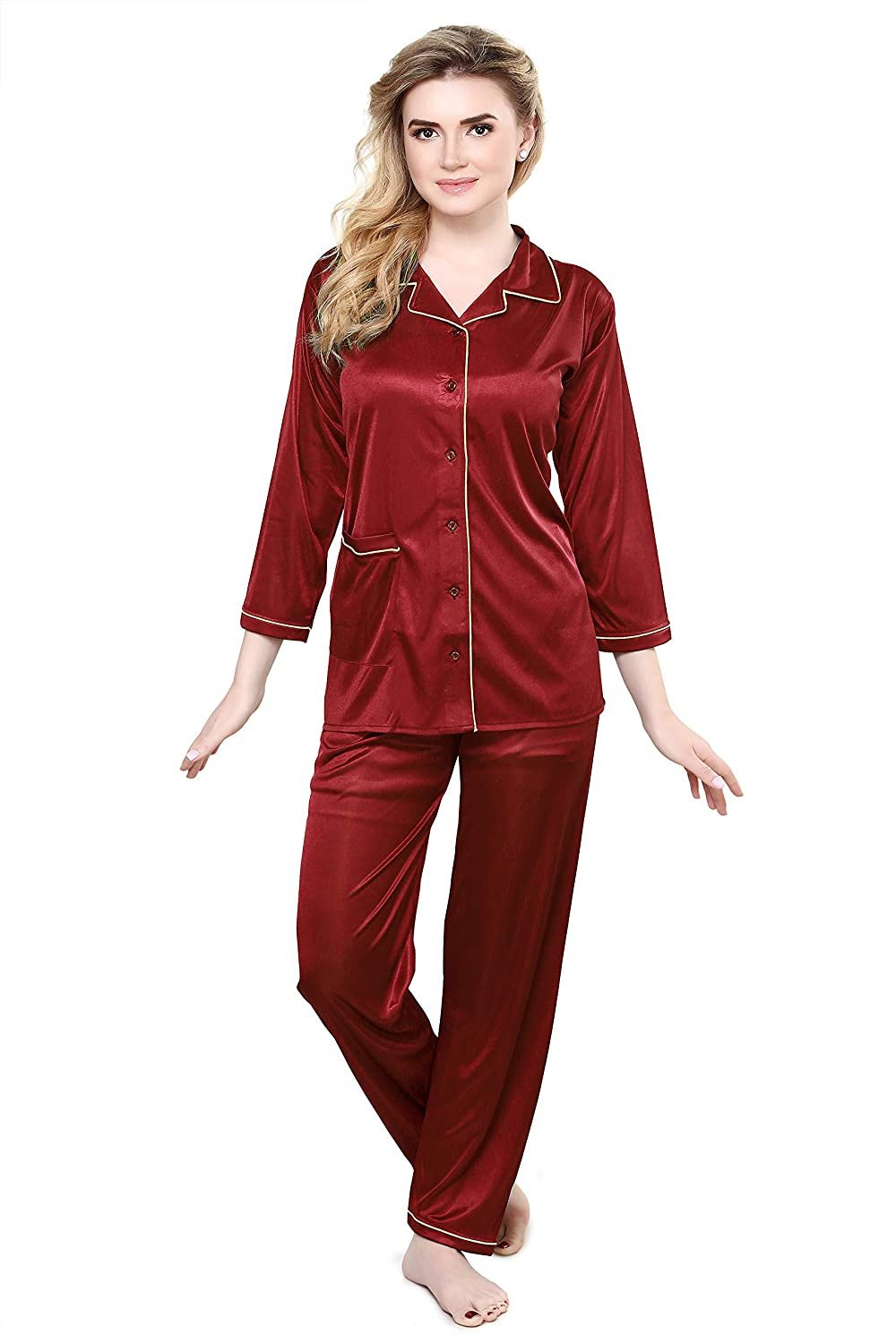 KOI SLEEPWEAR Premium Satin Night Suit Maroon