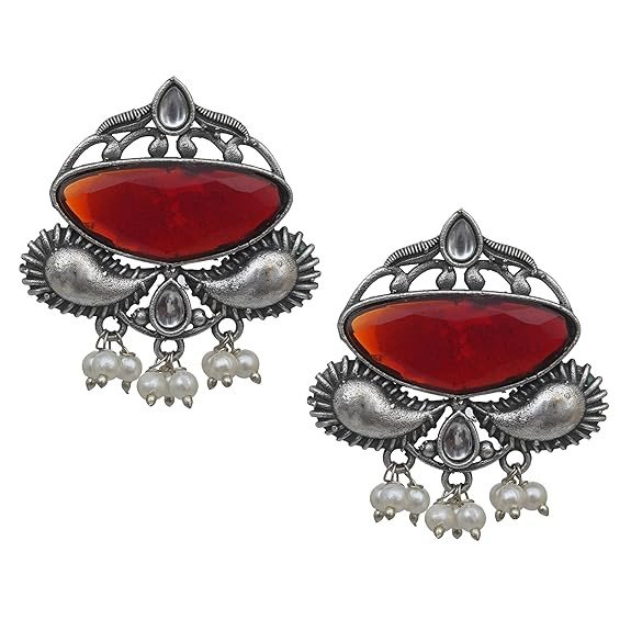 Privaanshi Brass Silver Oxidised Red Stone and Pearl Drop Dangler Earrings for Women and Girls / 1 Set