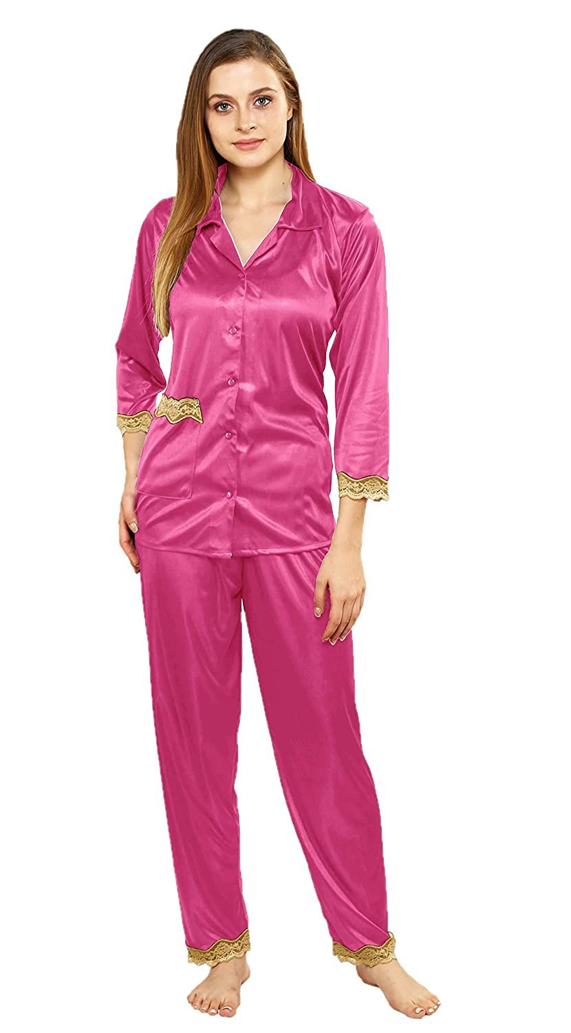 he Shopbloom Store Shopbloom Modal Satin ltra Magenta Full Sleeves Night Suits |Night Dresses for Women