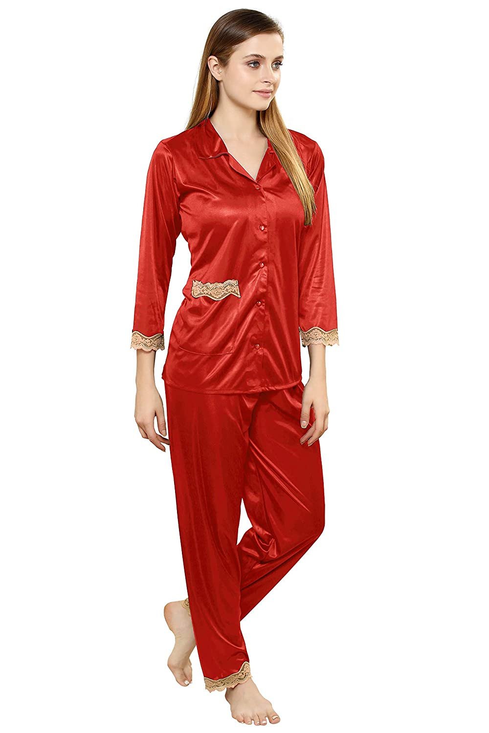 DuskRobe Solid Collared Night Suit Set for Women/Girls Maroon