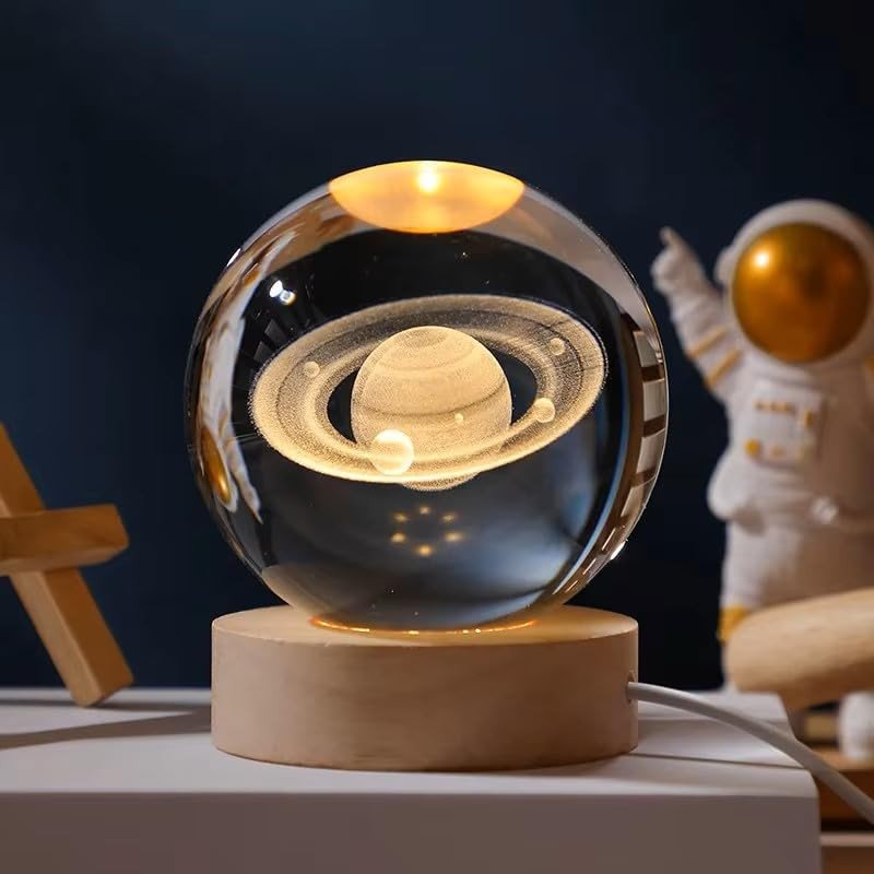 HUMAIZAR 3D Creative Crystal Ball Night Light Galaxy Nebula Saturn Moon Lamp USB Luminous Atmosphere Light for Christmas Birthday Kid Gift (3D Saturn Crystal LAMP)