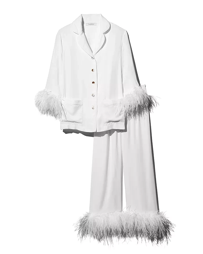Belle's Design Women's Feather Trim Silk Satin Pajama Button Down Long Sleeve and Pants Set Sleepwear Loungewear S To XXL