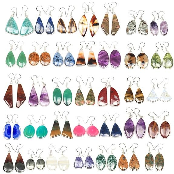 KIRTI GLOBAL Silver Earrings for Women - 10 Pairs Minimalistic Crystal Earrings - Natural Healing Gemstones Party Earrings Set for Girls, Assorted Selection, Womens Jewellery