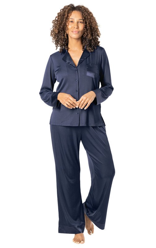 DKaren Amina Women's Satin Long Sleepwear Pyjama Set with Button Placket Long Sleeve Blouse - Classic Pyjamas