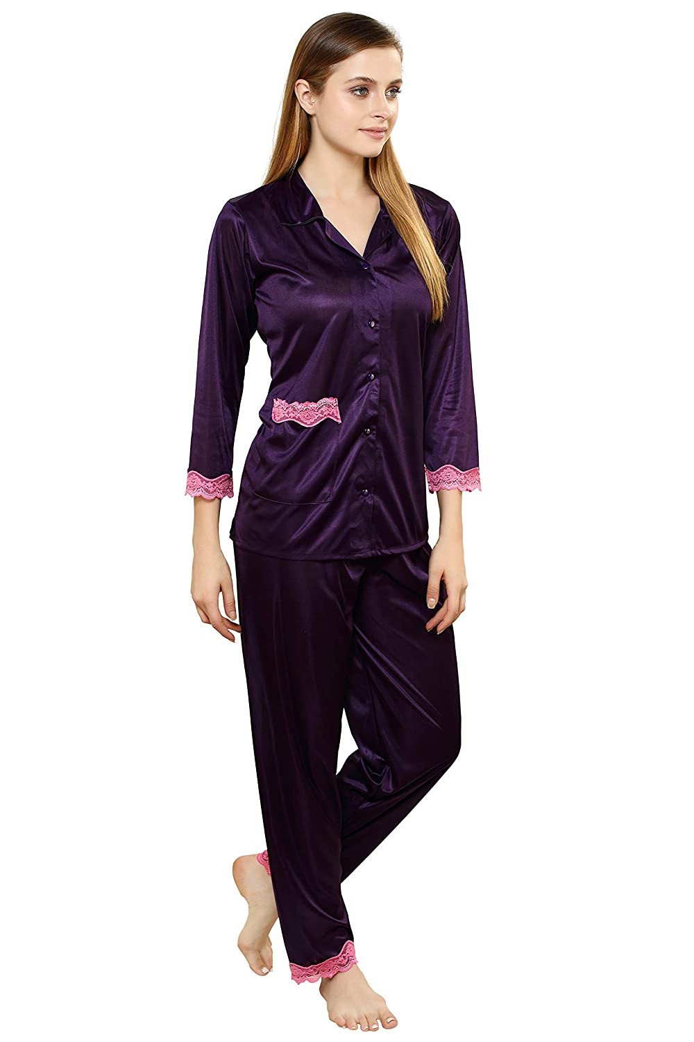 Stylish Solid Pattern Nightwear Set in Satin for Women, Ladies Pyjama and Shirt Set Suitable for All Weather