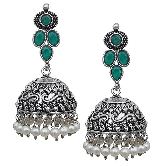 PrivaanshiOxidised Silver Green Stone and Pearl Drop Jhumka Earrings for Women German Silver Drops & Danglers, Jhumki Earring / 1 Set