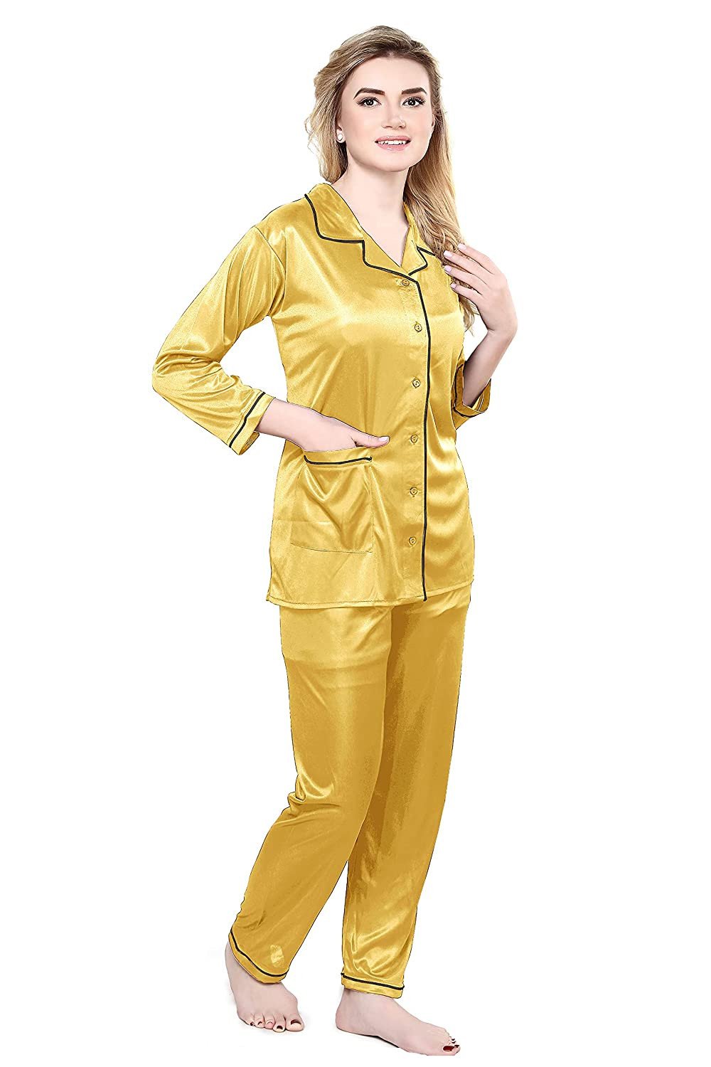 LYANER Women's Satin Silky Pajamas Set Collar Long Sleeve Shirt with Long Pant Set PJS Sleepwear