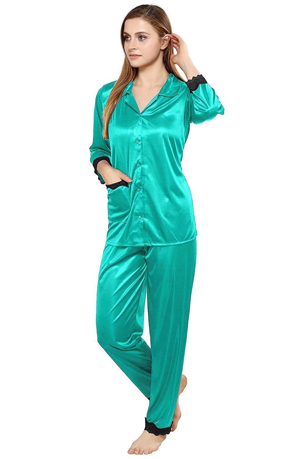 PANIT Women's Wine Satin Plain Night Suit Set of Shirt & Shorts