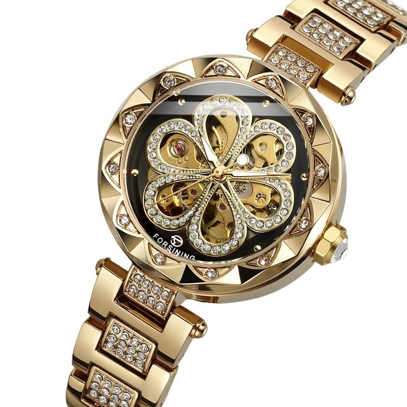 Forsining Fashion Women Watch Skeleton Flowers Design Luxury Diamond Wrist Watch for Party Stainless Steel Bracelets Mechanical Automatic Gold, gold-coloured,