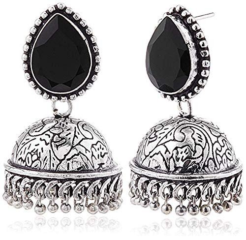 Traditional Ethnic Statement Jhumka Stones Earrings in Oxidized Silver Finish for Girls & Women