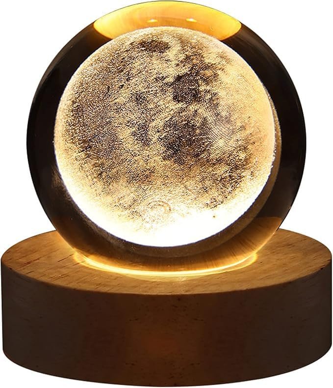 AMAZING T. 3D Crystal Cube Moon with LED Night Lamp Moon Figurine Glass Cube Decoration Crystal Cube Laser Engraved with LED Warm Lighting Base Glass Art Gifts for Kids (Moon)