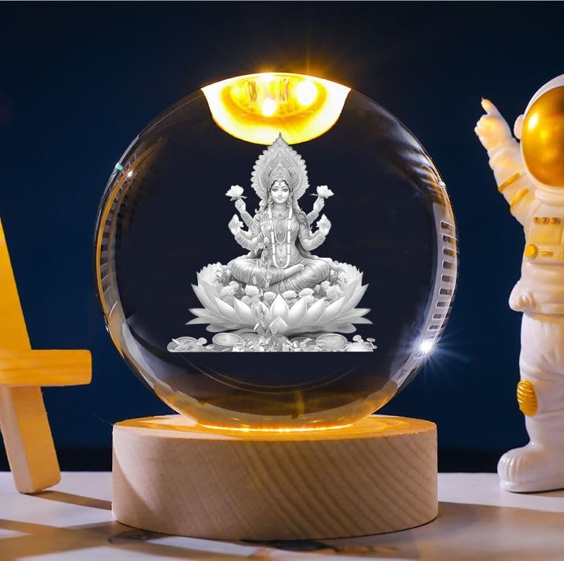 Isaro Goddess Laxmi 3D USB LED Crystal Ball Night Lamp - Home Decor, Night Light, 3D USB Table LED Wooden Crystal Ball Night Lamp for Home, Office, Decoration, Birthday, Diwali Gift, Men, Women, Kids