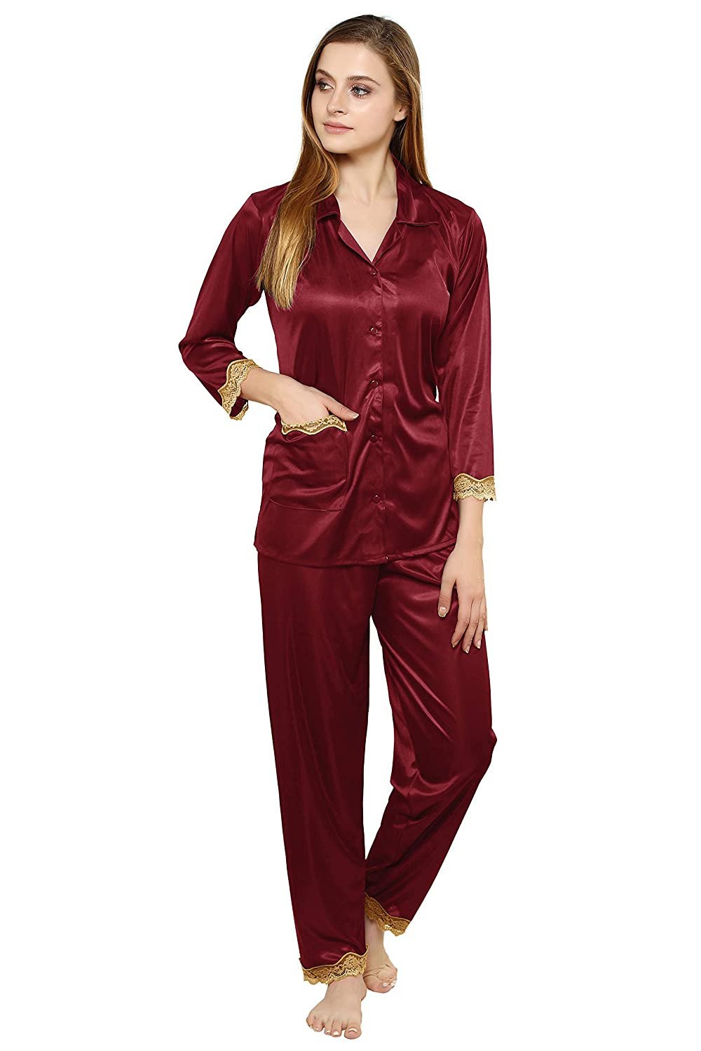 Visit the KOI SLEEPWEAR Store KOI SLEEPWEAR Premium Satin Night Suit Maroon