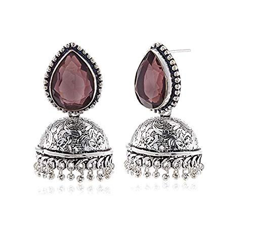 Traditional Ethnic Statement Jhumka Stones Earrings in Oxidized Silver Finish for Girls & Women