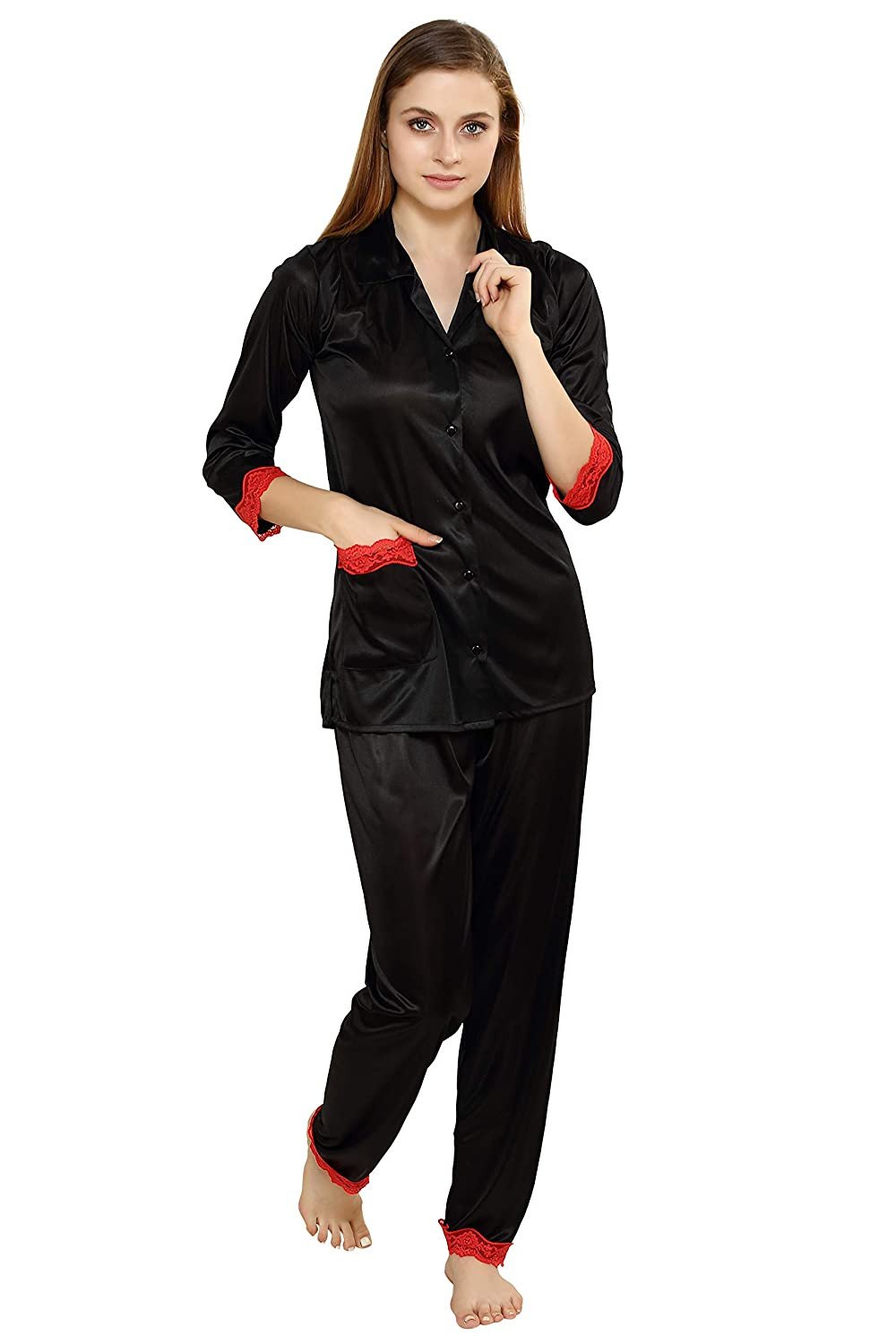 Heena Creation Women's Satin Plain/Solid Night Suit Set Pack of 1