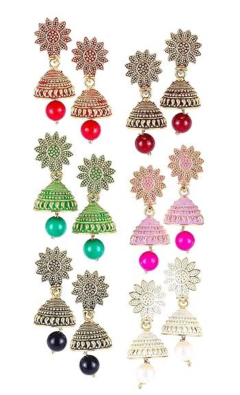 Meenaz Jhumka Earrings For Women Girls Ladies Earrings Combo Set Valentine Gift Traditional Wedding Gold Meenakari Ethnic Antique South Indian Round Small Pearl Moti Jhumkas Feather Peacock Jhumki  pa