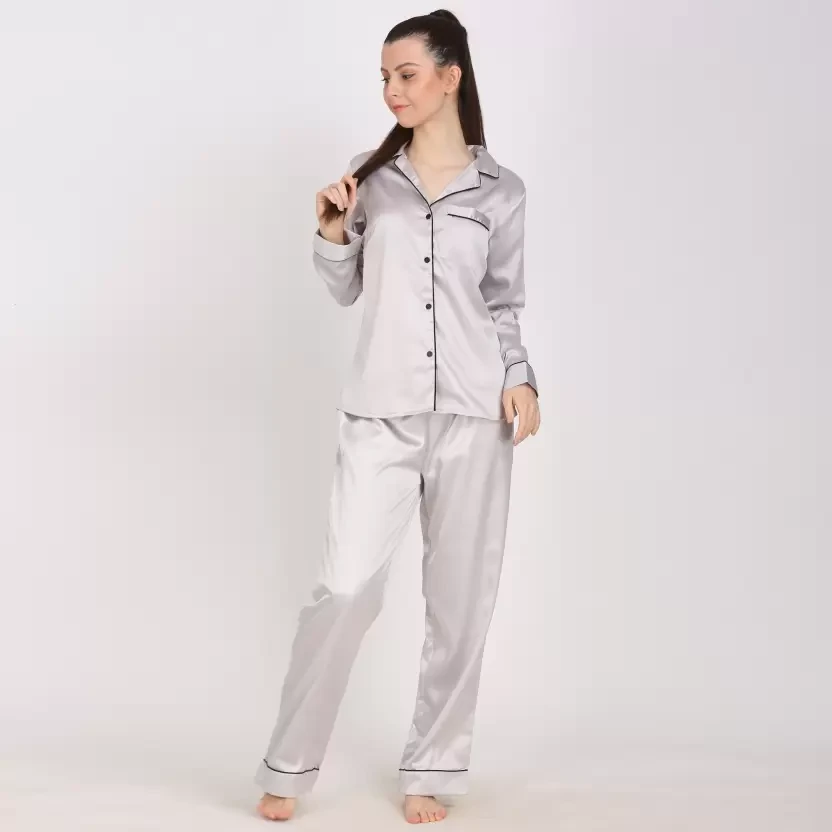 PRETTY LOVING THING Women's Night Dress solid Shirt & pyjama Set Silver