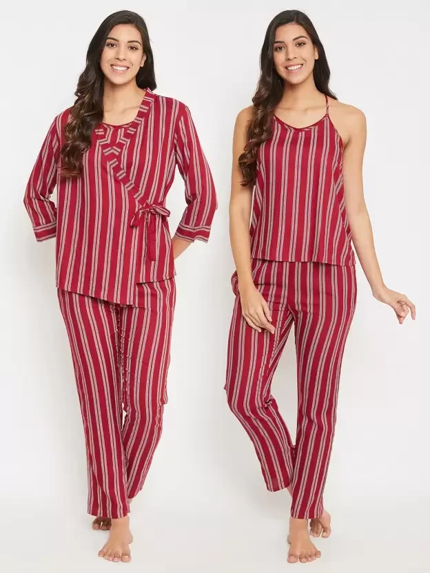 Brand: MYSTERE PARIS MYSTERE PARIS Classic Striped Pyjama Set Sleepwear Cotton Maroon J558E