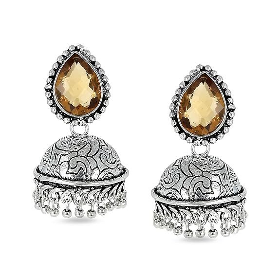 Traditional Ethnic Statement Jhumka Stones Earrings in Oxidized Silver Finish for Girls & Women