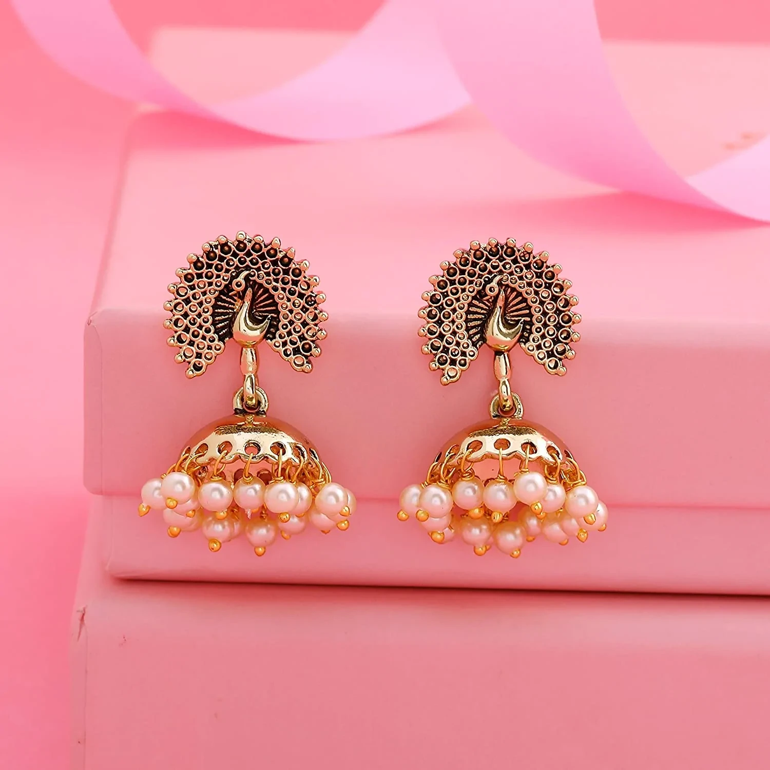 Estele Ethnic Gold Colour Peacock Heritage Jhumkis for Women
