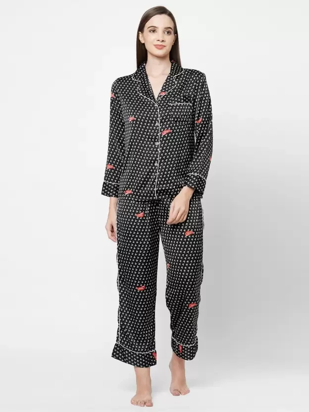 Shopbloom Cotton Flannel Notched Collar Red Printed Long Sleeve Women's Night Suit Set with Pajama | Night Dress | Nightwear for Ladies