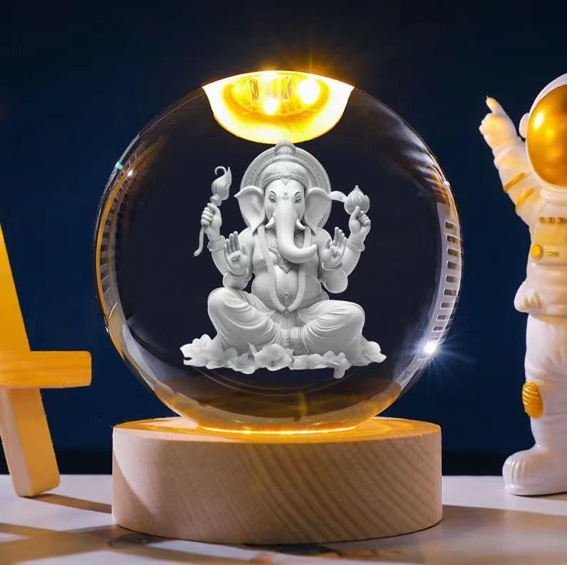 Isaro Ganesh/Ganpati 3D USB LED Crystal Ball Night Lamp - Home Decor, Night Light, Table LED Wooden Crystal Ball Night Lamp for Home, Office, Decoration, Birthday, Diwali Gifts, Men, Women, Kids