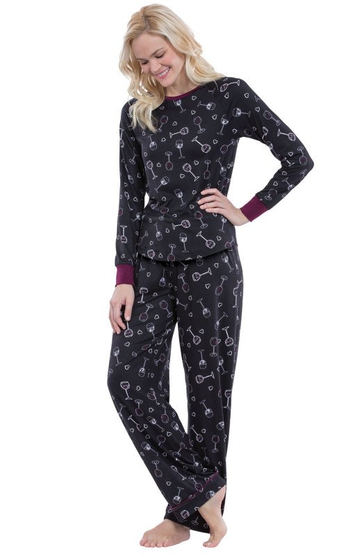 PajamaGram Fun Womens Pajama Set - Women PJs, Wine Down, Black, M, 8-10