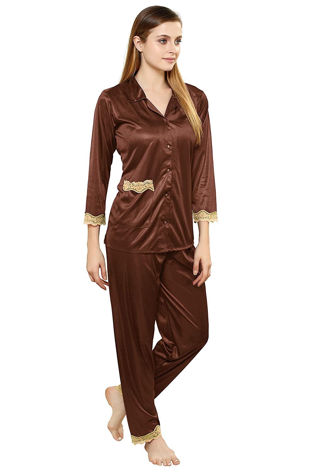 TIGYWIGY Women's Satin Plain/Solid Top and Pyjama Set Pack of 1