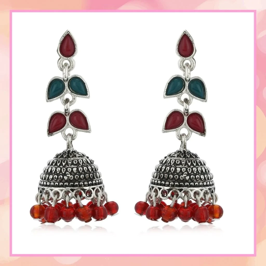 Antique Traditional Oxidised German Silver Red Stone Jhumka Jhumki Earrings for Women and Girls