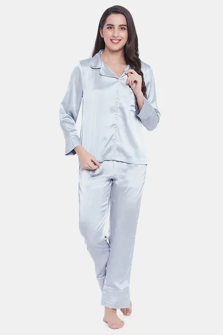 Clovia Women's Satin Button Down Shirt & Pyama Set (NS0597P01_Grey_M)