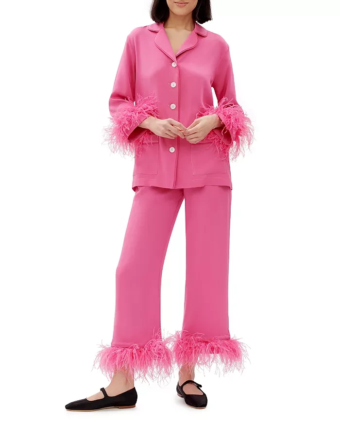 Summer Shirt Pyjamas Ice Silk Feather Jacket Trousers Two-piece Casual Ladies' Home Wear